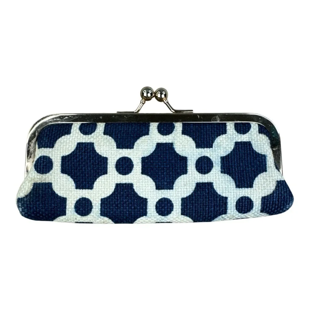 Spartina 449 Navy Blue White Linen Kiss Lock Clutch Wallet Gold Hardware Mermaid